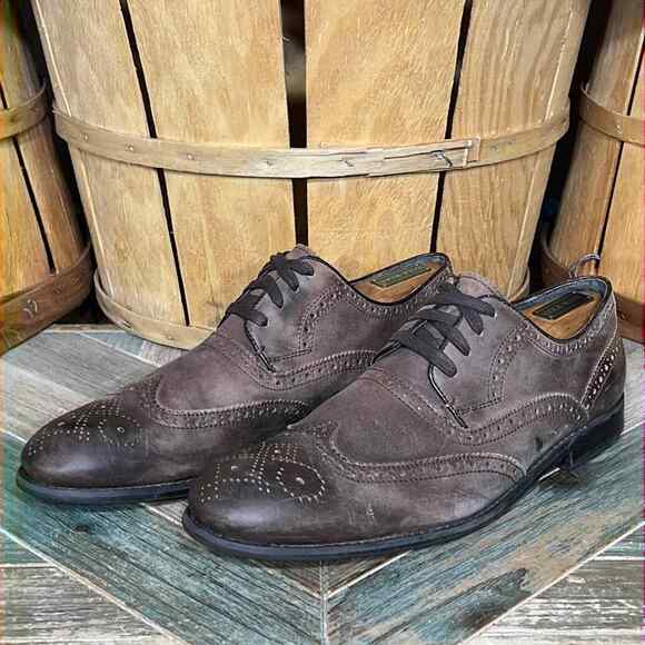 John Varvatos Brogue Wingtip Perforated Brown Leather Oxfords US Mens Size 10 - Picture 3 of 11
